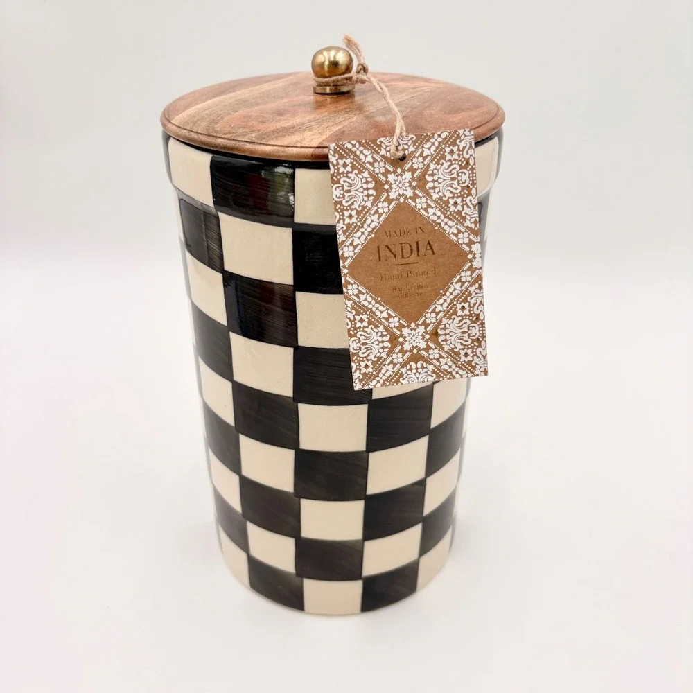 Hand Painted Checkered Ceramic Canister Wood Lid Extra Large Tall Made in India
